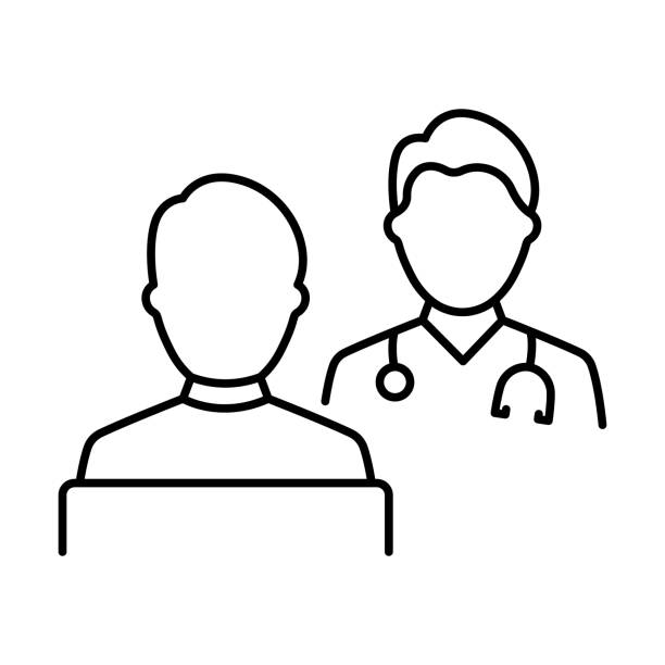 consultation of patient and doctor with stethoscope line icon. hospital physician counseling patient linear pictogram. health care dialog outline icon. editable stroke. isolated vector illustration - doctor 幅插畫檔、美工圖案、卡通及圖標