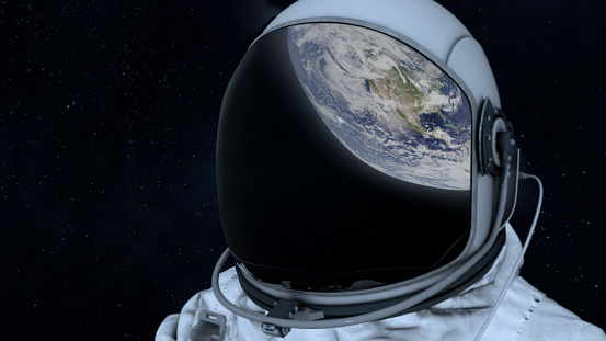Astronaut in Space With The Reflection of The Earth on His Helmet Glass\nEarth image; https://www.nasa.gov/sites/default/files/thumbnails/image/solstice_comparison-horz-notext.png (cloud texture modified)
