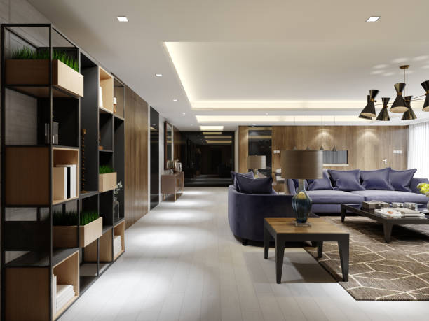 istock Studio apartment with open area living room and kitchen with dining table with wood paneling on the walls and light green and purple furniture. 1366768567