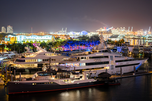 Miami, FL, USA - January 21, 2022: Aerial photo yachts at the Island Gardens Marina Downtown Miami FL