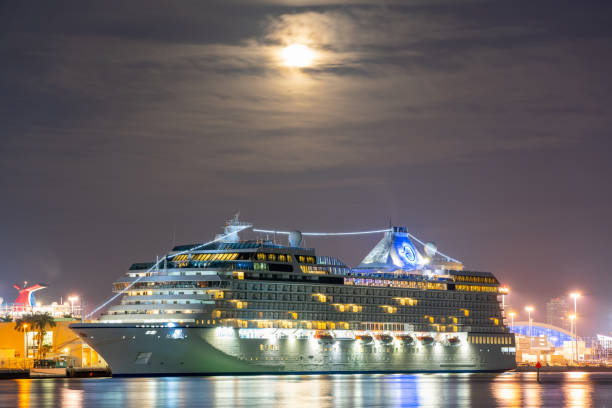 Oceania Cruises Marina docked at Port Miami night stock photo