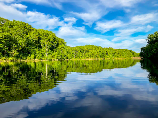 reflexión tranquila: la costa del lago monroe con una presa distante - oh beautiful fotografías e imágenes de stock