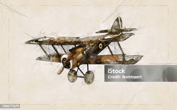 Illustration Sketch Of A Old Airplane Flying Stock Photo - Download Image Now - World War I, Airplane, Belgium