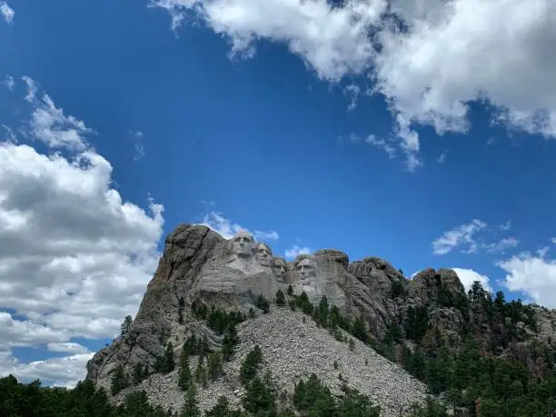 Mount Rushmore beautifully photographed with background of bright blue sky.
