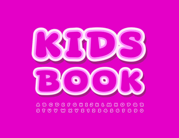 Vector pink Emblem Kids Book. Sticker style Alphabet Letters and Numbers set Funny Bright Font fairy tale font stock illustrations