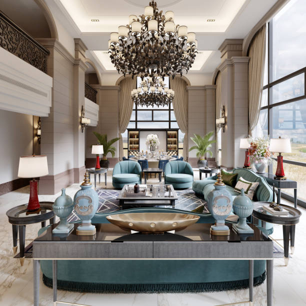 istock Luxurious large living room with high ceilings and large windows in a modern design with fashionable mars green color upholstered furniture. 1366772378