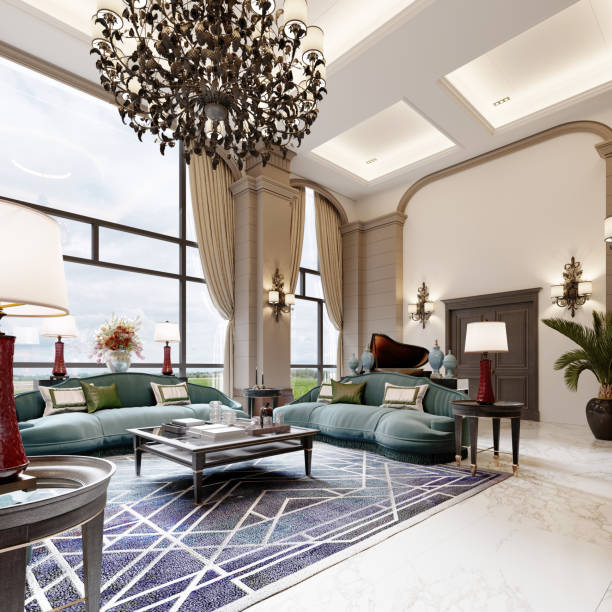 istock Luxurious large living room with high ceilings and large windows in a modern design with fashionable mars green color upholstered furniture. 1366772391