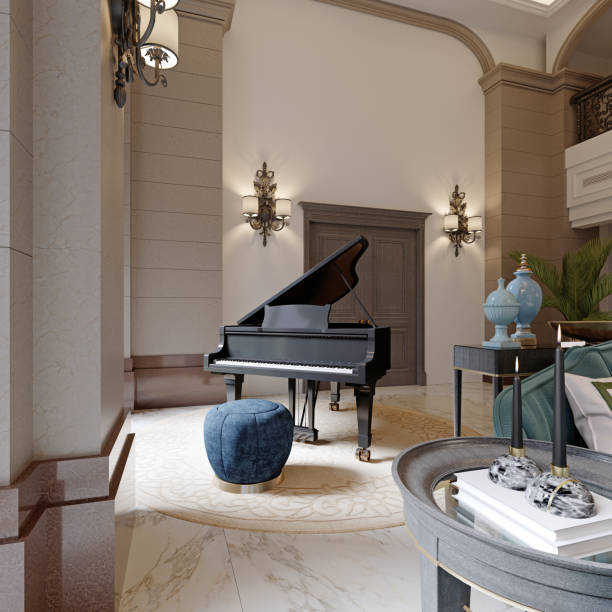 istock Black piano with blue ottoman in a luxurious classic style interior. 1366772416