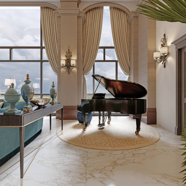 istock Black piano with blue ottoman in a luxurious classic style interior. 1366772447