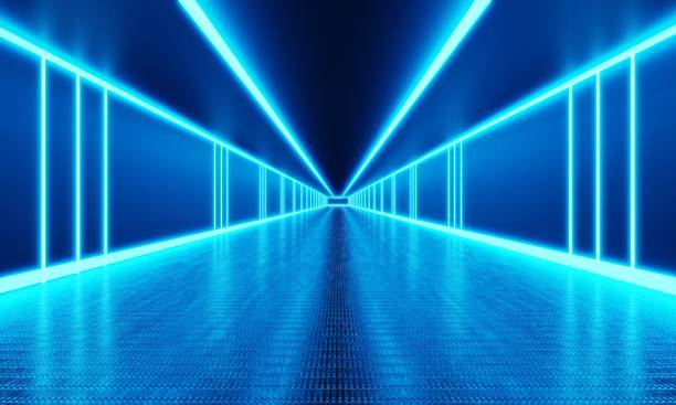 Empty room with infinity walkway and blue neon light background. Abstract and technology concept. 3D illustration rendering stock photo