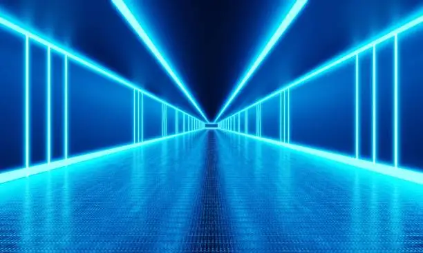 Photo of Empty room with infinity walkway and blue neon light background. Abstract and technology concept. 3D illustration rendering
