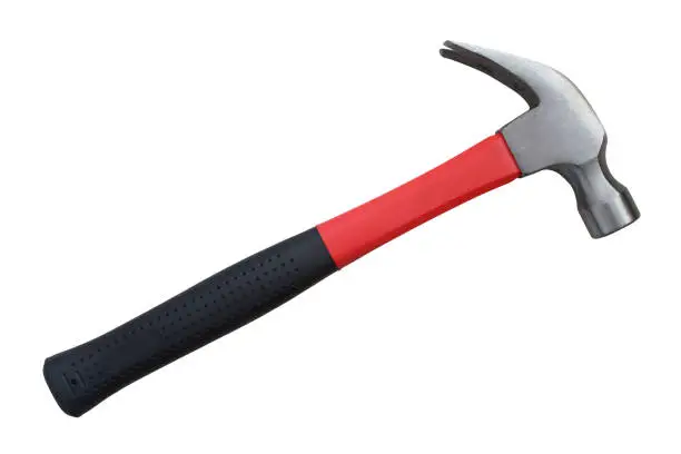 Photo of Hammer with a rubberized handle. Hammer and nail puller, two in one. Close-up. Isolated object on white background. Isolate.