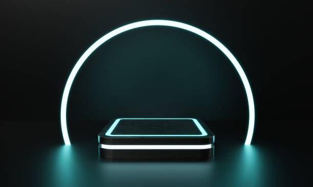 istock Modern product showcase sci-fi podium with blue-green and white glowing light neon background. Technology and object concept. 3D illustration rendering 1366778030