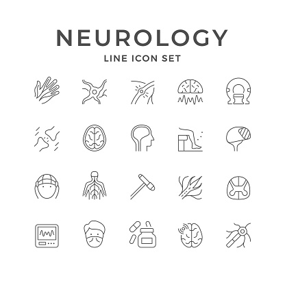 Set line icons of neurology isolated on white. Human brain, nerve, medical test, anatomy, nervous system, synapse, neurological hammer. Vector illustration