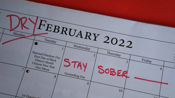 Dry February Marked on Calendar Dry February written on a calendar as a reminder to stop drinking and  stay sober for the month. Dry Feb is also a fundraiser to raise money for the Canadian Cancer Society. sobriety stock pictures, royalty-free photos & images