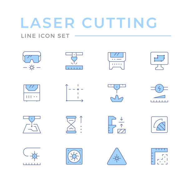 ustawianie ikon linii cięcia laserowego - frezowanie obróbka skrawaniem stock illustrations