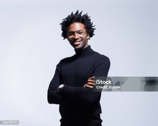 Portrait Of Confident Man In Black Turtleneck Stock Photo - Download Image Now - Portrait, Men, Studio Shot