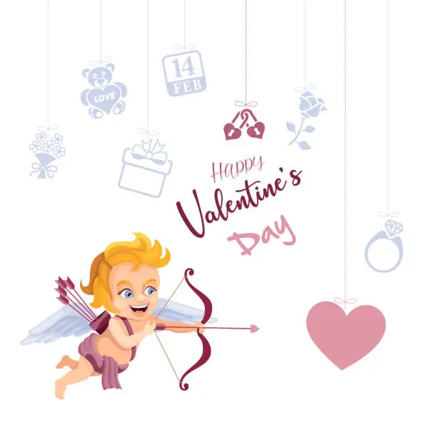 Vector illustration of Valentines Day Greeting Card With Cupid And Tags