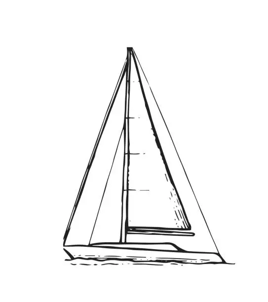 Vector illustration of Sailing yacht floats on waves. Side view. Small ship for recreation and travel. Outline sketch. Hand drawing isolated on white background. Vector