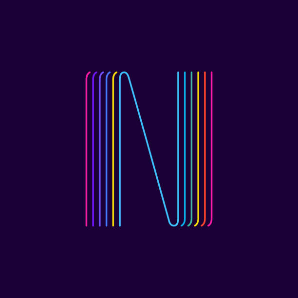 логотип n буквы в стиле неонового света. шесть тонких линий цветного шрифта. - n stock illustrations