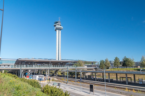 Gardermoen, Norway - September 25, 2021: Oslo Lufthavn Gardermoen Station. Airport train station.