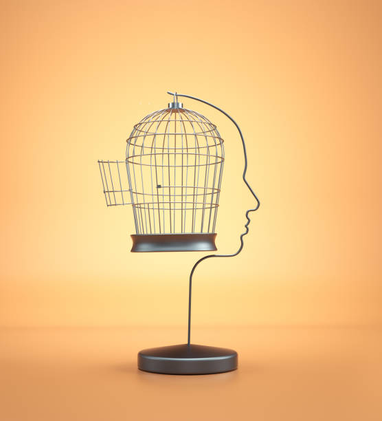 Bird cage opened shaped as a human head. Bird cage opened shaped as a human head. Escape and mindset concept.  This is a 3d render illustration birdcage stock pictures, royalty-free photos & images