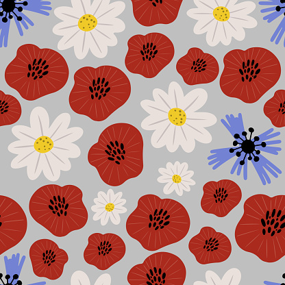 Hand drawn seamless pattern with poppies and other wild summer flowers