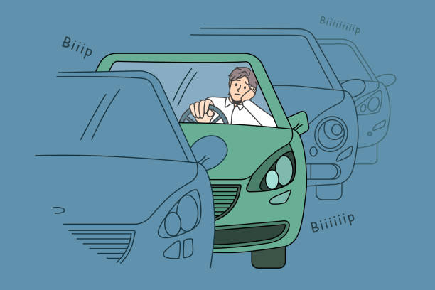 교통 체증 및 도로 상황 개념 - driving car traffic men stock illustrations