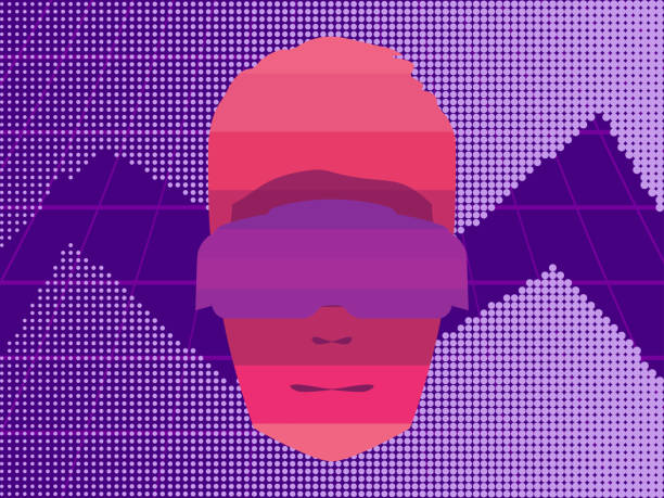 istock Face in virtual reality glasses. Human face in VR headset. Virtual reality glasses to access the metaverse. Synthwave and retrowave style. Vector illustration 1366788609