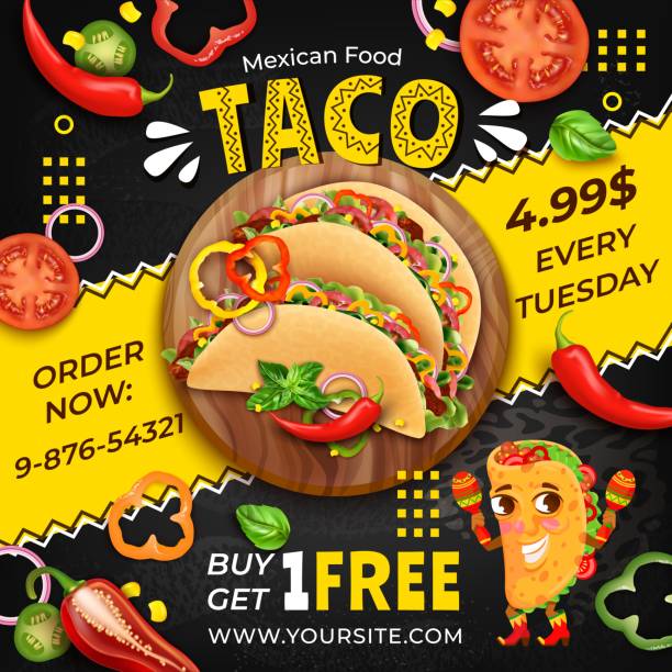 Realistic Detailed 3d Tacos Mexican Food Ads Banner Concept Poster Card. Vector Realistic Detailed 3d Tacos Mexican Food Ads Banner Concept Poster Card with Taco Mascot. Vector illustration tacos stock illustrations