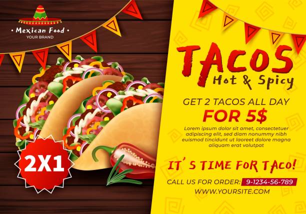 Realistic Detailed 3d Tacos Mexican Food Hot and Spicy Ads Banner Concept Poster Card. Vector Realistic Detailed 3d Tacos Mexican Food Hot and Spicy Ads Banner Concept Poster Card. Vector illustration of Taco tacos stock illustrations