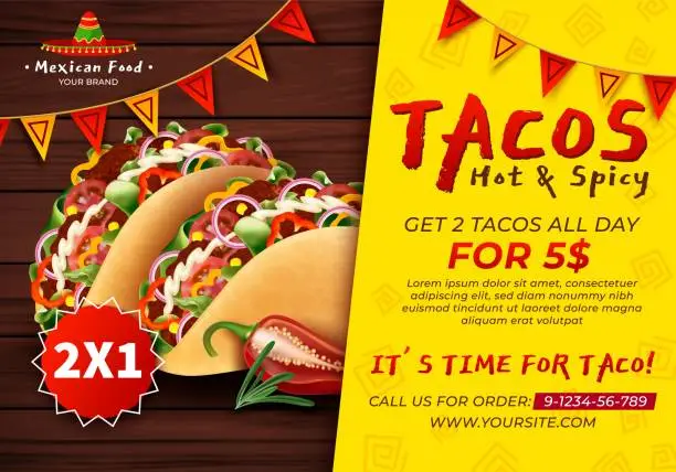 Vector illustration of Realistic Detailed 3d Tacos Mexican Food Hot and Spicy Ads Banner Concept Poster Card. Vector