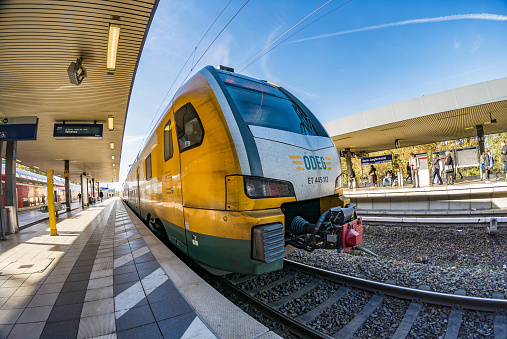 Berlin Germany - August 21. 2021: Odeg double decker regional tran at Berlin Charlottenburg train station