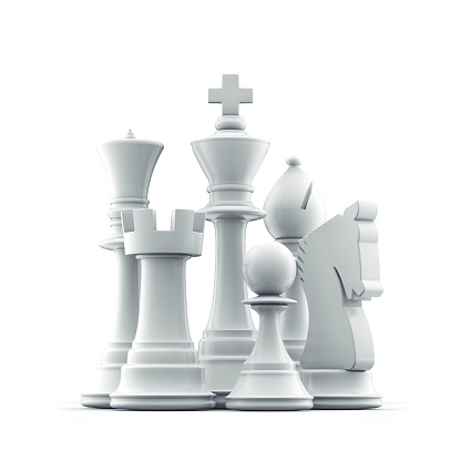 3D illustration of king, queen, rook, pawn, bishop and knight pieces isolated on white studio background