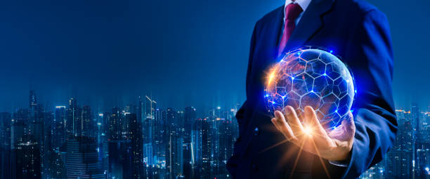 Businessman hand holding blue earth and global networking connection,blockchain,virtual technology,big data,iot,rpa,artificial intelligence(ai),network concept,Elements of this image furnished by NASA