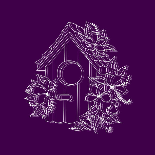 vektor isoliertes vogelhaus mit blüten und blättern vogelbaumhaus - bush bird tree wood stock-grafiken, -clipart, -cartoons und -symbole