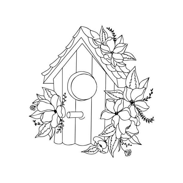 vektor isoliertes vogelhaus mit blüten und blättern vogelbaumhaus - bush bird tree wood stock-grafiken, -clipart, -cartoons und -symbole