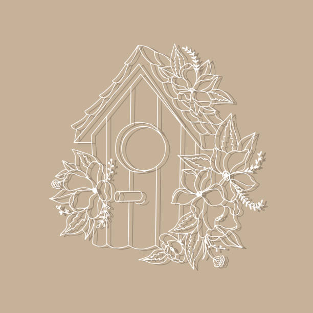 vektor isoliertes vogelhaus mit blüten und blättern vogelbaumhaus - bush bird tree wood stock-grafiken, -clipart, -cartoons und -symbole