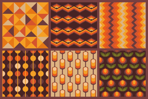 Abstract 1970s Seamless Pattern Set: Random Shapes in Gradient Orange Colors. Retro Style, Geometric Vintage Background. Hand-Drawn Vector illustration. Seventies Colorful Wallpaper.