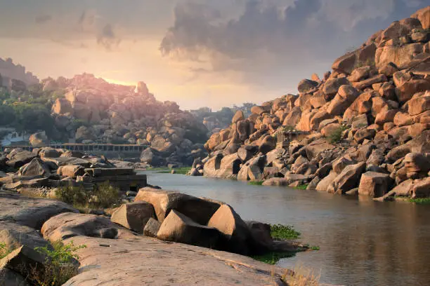 India Hampi. Beautiful view of the river and mountains