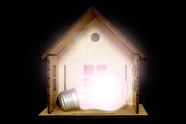 istock Glowing light bulb in a miniature house on black 1366794381