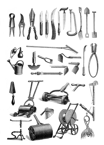 Garden tools for mowing. hand drawn Antique engraved illustration.