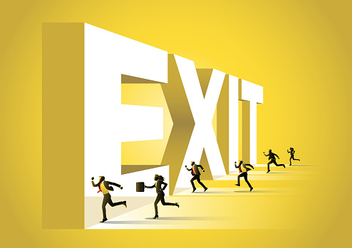 An illustration of group of business people towards giant exit word