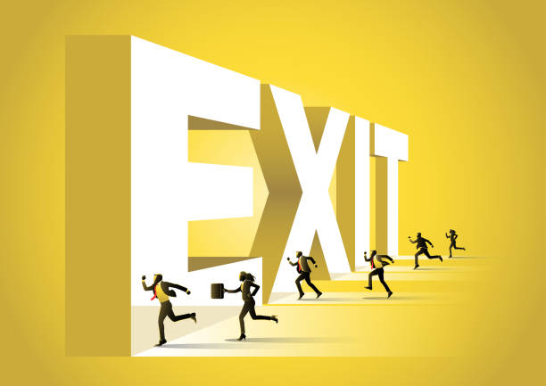 Business People Running Towards Exit Word An illustration of group of business people towards giant exit word quitting a job stock illustrations