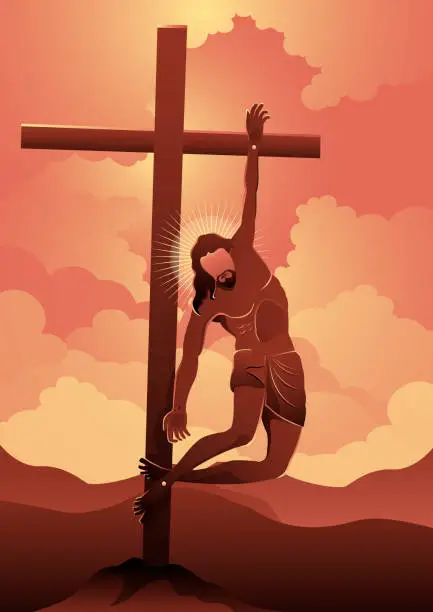 Vector illustration of Jesus Christ on the cross with one hand reaching out