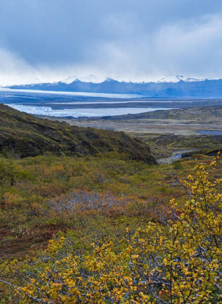 Beautiful autumn view from Múlagljúfur Canyon to Fjallsárlón glacier with Breiðárlón ice lagoon, Iceland. Not far from Ring Road and at the south end of Vatnajökull icecap and Öræfajökull volcano. hermosa vista de otoño desde el cañón múlagljúfur hasta el glaciar fjallsárlón con la laguna de hielo breiðárlón, islandia. no muy lejos de la carretera de circunvalación y en el extremo sur de la capa de hielo vatnajökull y el volcán Öræfaj