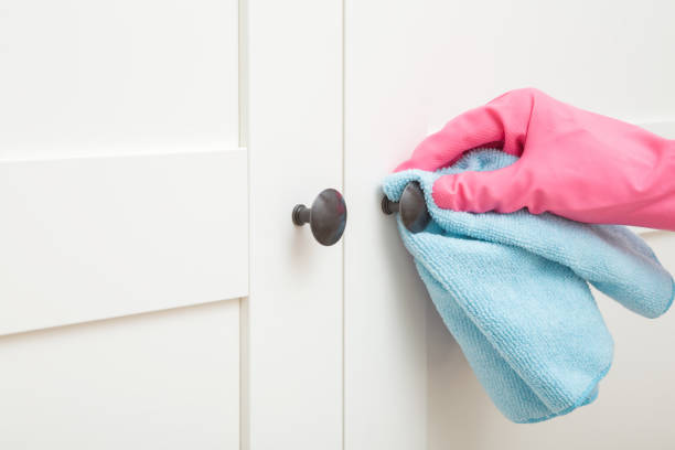 mujer adulta joven mano en guante protector de goma rosa usando trapo seco azul y limpiando manija de metal negro en las puertas de madera blanca del armario. closeup. limpieza regular en casa. perfil. - rubbing human hand human arm women fotografías e imágenes de stock