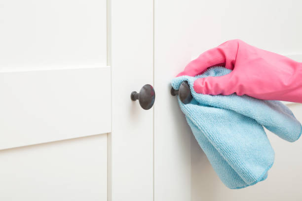 Young adult woman hand in pink rubber protective glove using blue dry rag and wiping black metal handle on white wooden doors of wardrobe. Closeup. Regular cleanup at home. Side view. stock photo