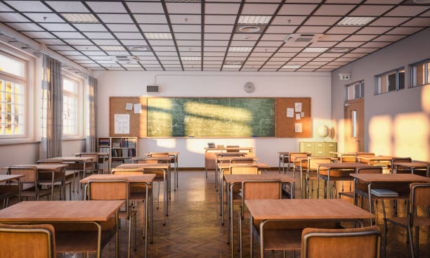 interior views of an empty japanese-style classroom. - zonder mensen stockfoto's en -beelden