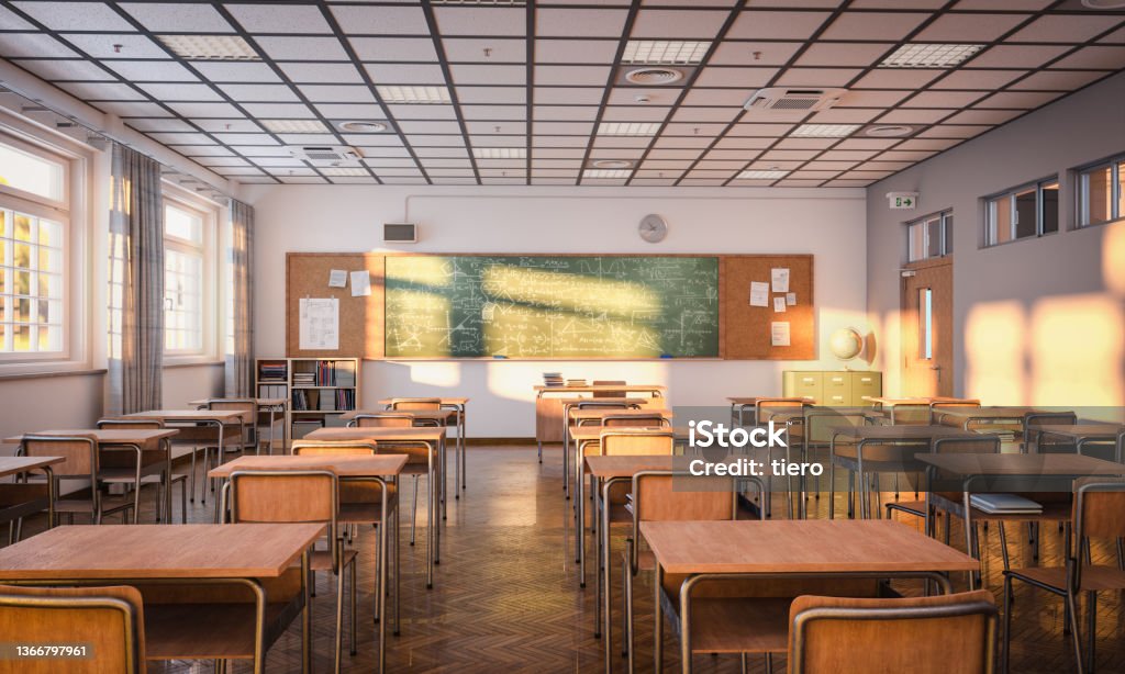 interior views of an empty Japanese-style classroom. interior views of an empty Japanese-style classroom. 3d render Classroom Stock Photo